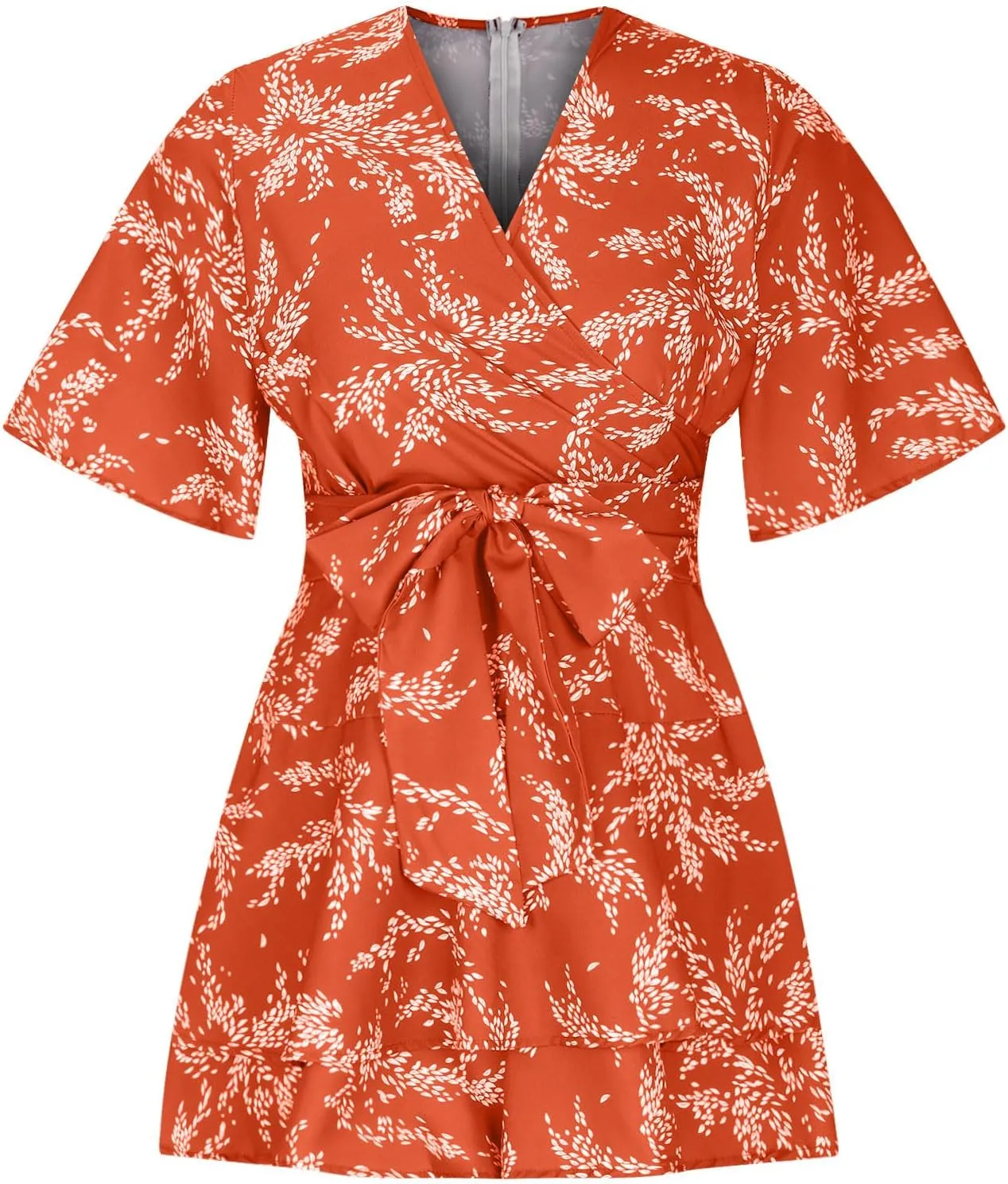 Boho Vacation Dresses for Women Summer 2024 Cocktail Casual Short Sleeve Wrap V Neck Tie Waisted Ruffle Layered Mini Dresses