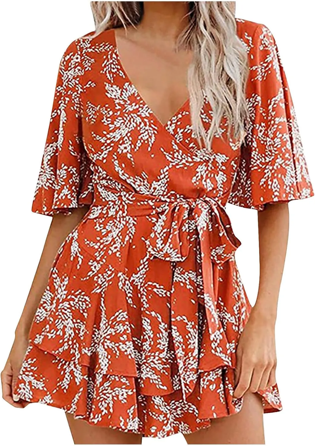 Boho Vacation Dresses for Women Summer 2024 Cocktail Casual Short Sleeve Wrap V Neck Tie Waisted Ruffle Layered Mini Dresses