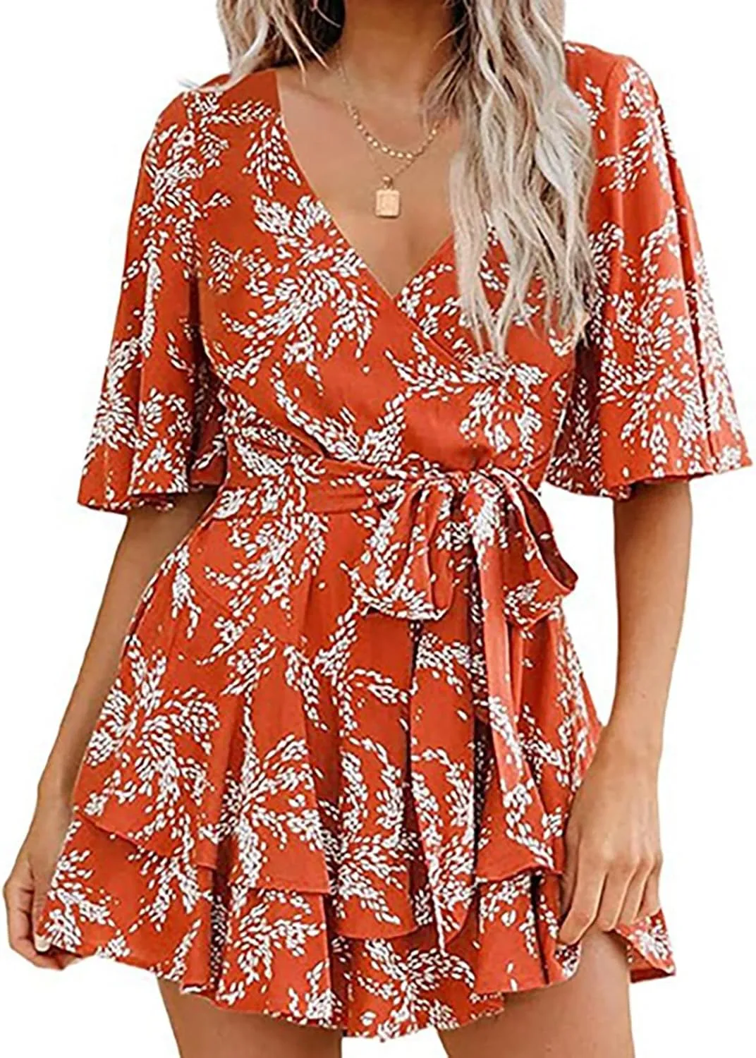 Boho Vacation Dresses for Women Summer 2024 Cocktail Casual Short Sleeve Wrap V Neck Tie Waisted Ruffle Layered Mini Dresses