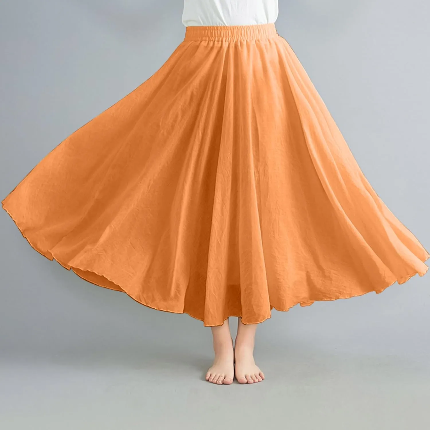 Borniu Women's Maxi Skirts 2025 Summer Trendy Ruffle High Waisted Casual Long Flowy Swing Solid Color Lightweight Skirt