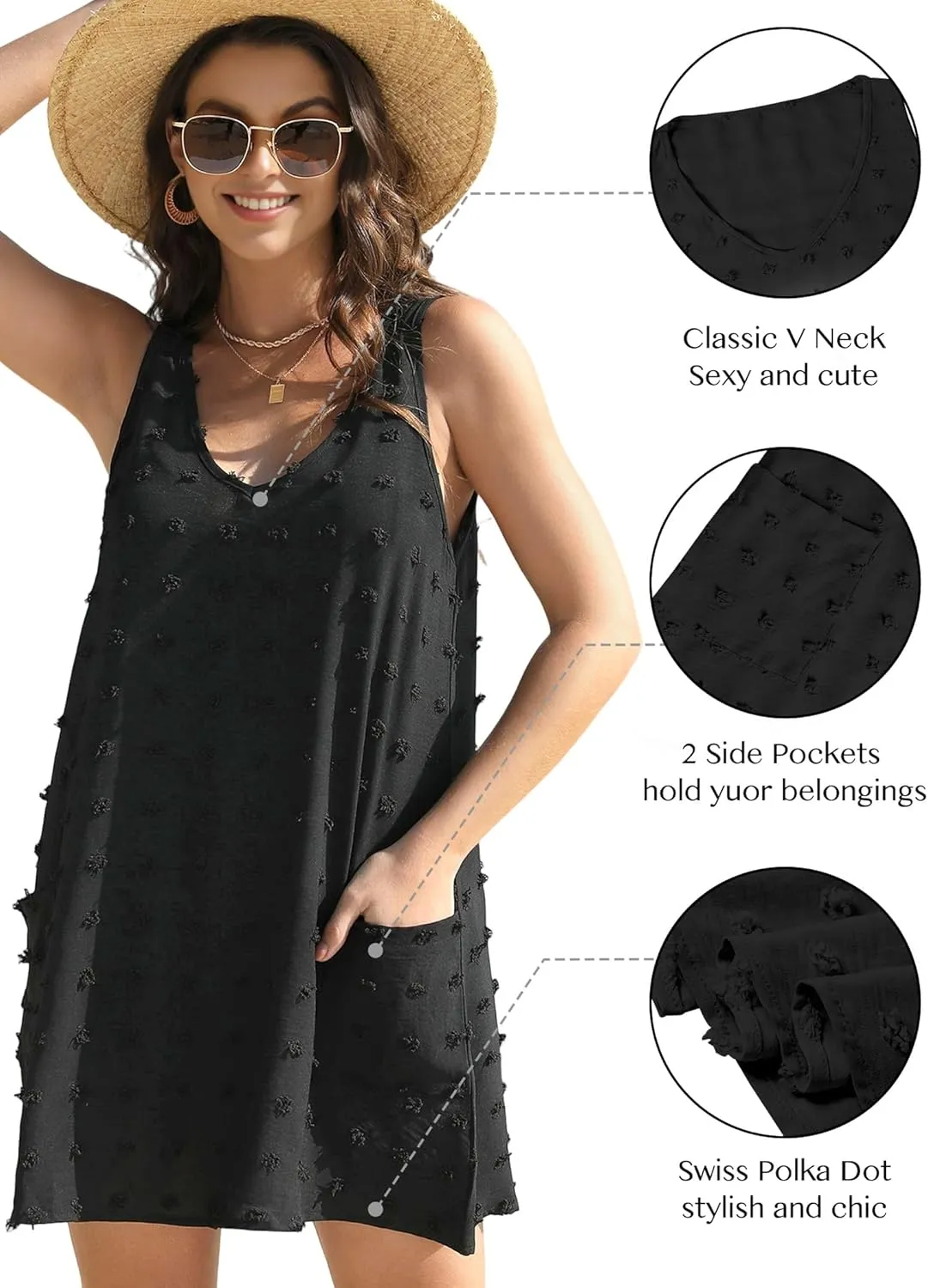 Buauty Womens Casual Sun Dresses Summer Swimsuit Swiss Polka Dot Beach Cover Up Sleeveless V Neck Tank Dress 2025 Vacation