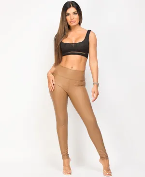 Camel Wet Look Matte Faux Leather PU PVC Leggings