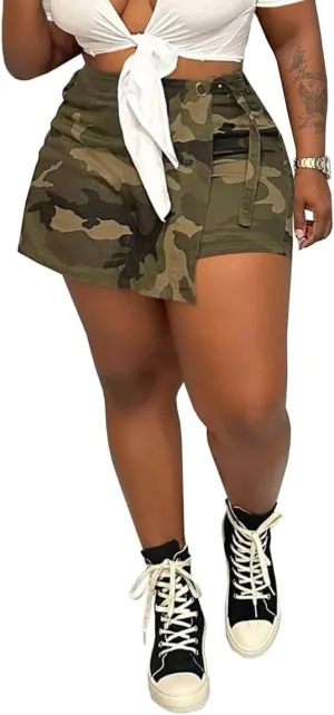 Camo Cargo Skirts for Women - High Waist Slit Bodycon Camouflage Denim Jean Skirt with Pocket Streetwear