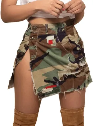 Camo Cargo Skirts for Women - High Waist Slit Bodycon Camouflage Denim Jean Skirt with Pocket Streetwear