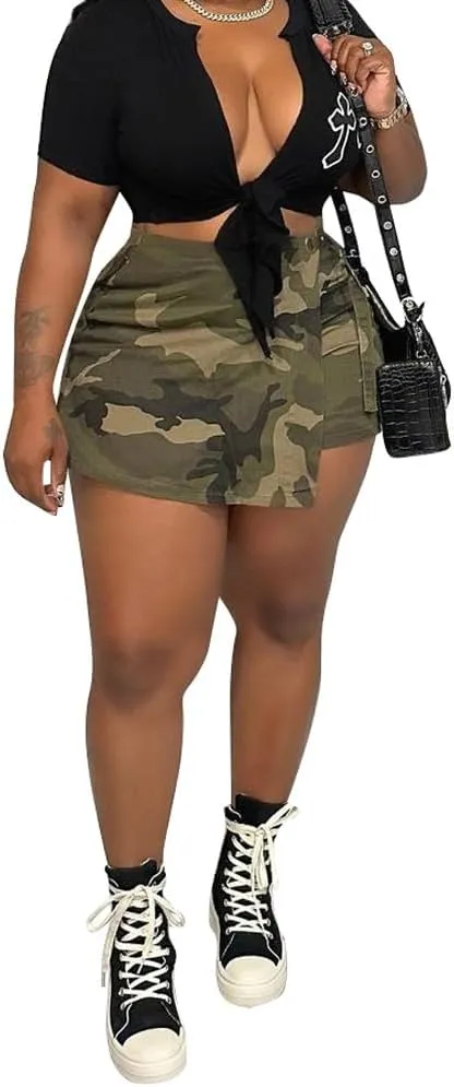 Camo Cargo Skirts for Women - High Waist Slit Bodycon Camouflage Denim Jean Skirt with Pocket Streetwear