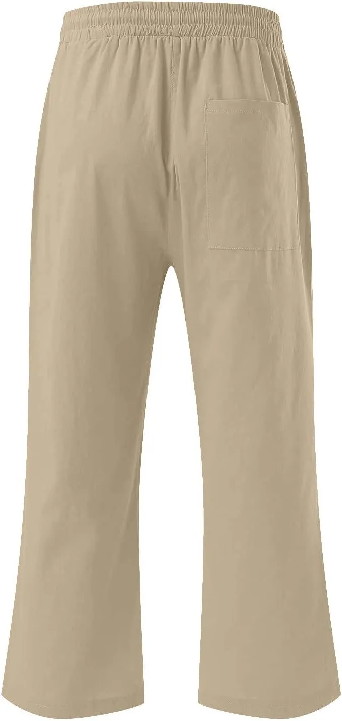 Capri Pants Women Casual Summer Fall Fashion Drawstring Elastic Waist Linen Pant Straight Wide Leg Cropped Trouser