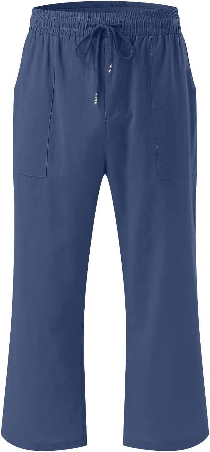 Capri Pants Women Casual Summer Fall Fashion Drawstring Elastic Waist Linen Pant Straight Wide Leg Cropped Trouser