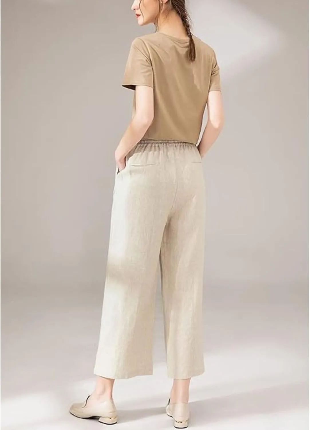 Capri Pants Women Casual Summer Fall Fashion Drawstring Elastic Waist Linen Pant Straight Wide Leg Cropped Trouser