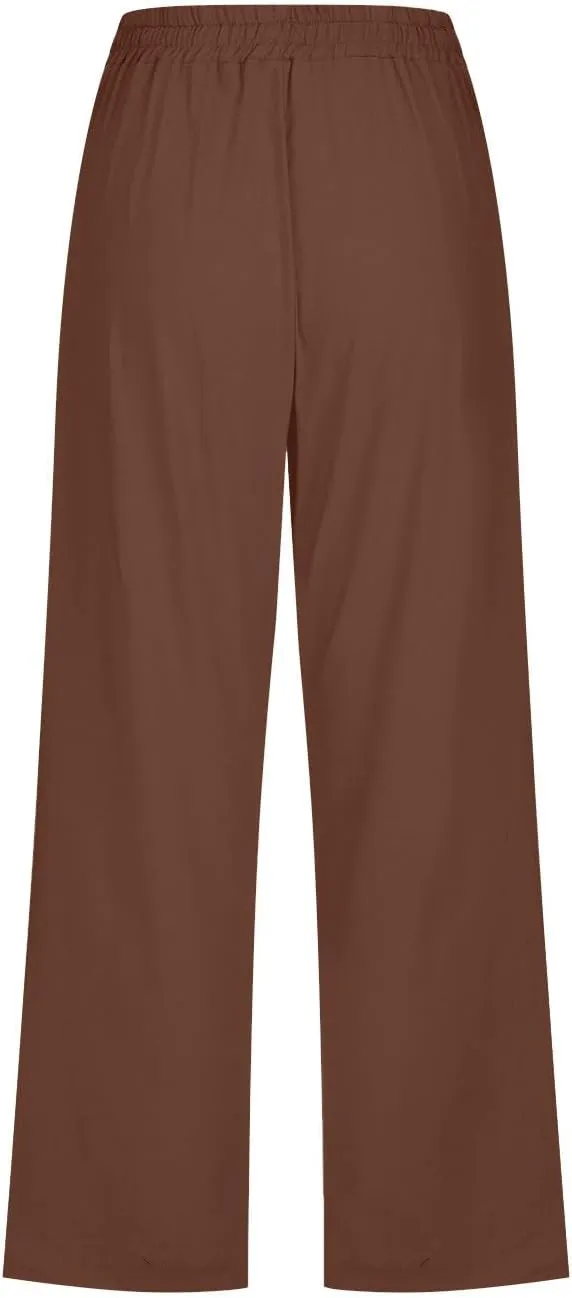 Capri Pants Women Casual Summer Fall Fashion Drawstring Elastic Waist Linen Pant Straight Wide Leg Cropped Trouser