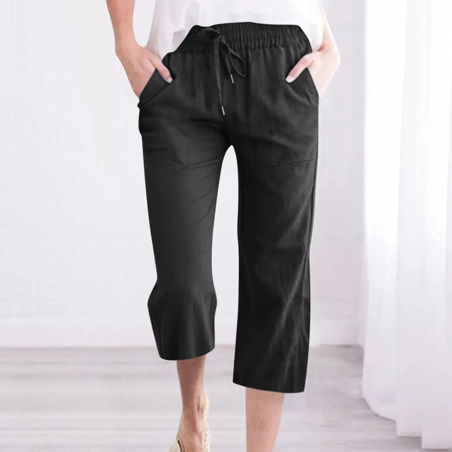Capri Pants Women Casual Summer Fall Fashion Drawstring Elastic Waist Linen Pant Straight Wide Leg Cropped Trouser