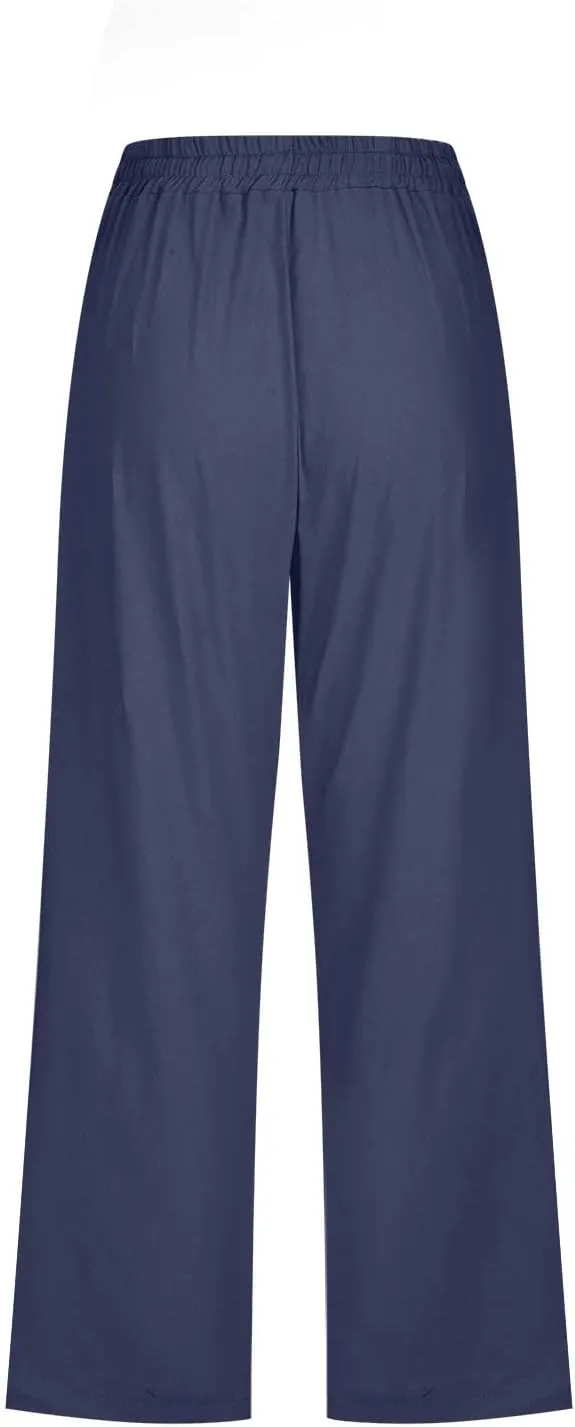Capri Pants Women Casual Summer Fall Fashion Drawstring Elastic Waist Linen Pant Straight Wide Leg Cropped Trouser