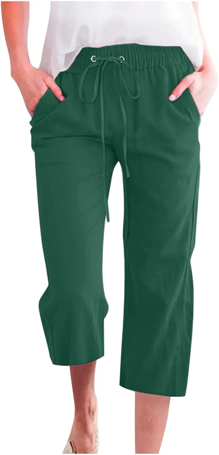 Capri Pants Women Casual Summer Fall Fashion Drawstring Elastic Waist Linen Pant Straight Wide Leg Cropped Trouser
