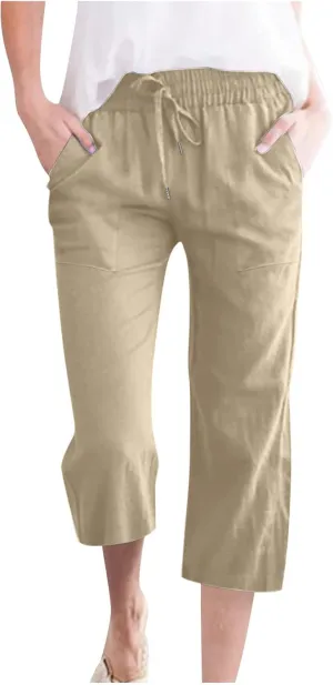 Capri Pants Women Casual Summer Fall Fashion Drawstring Elastic Waist Linen Pant Straight Wide Leg Cropped Trouser