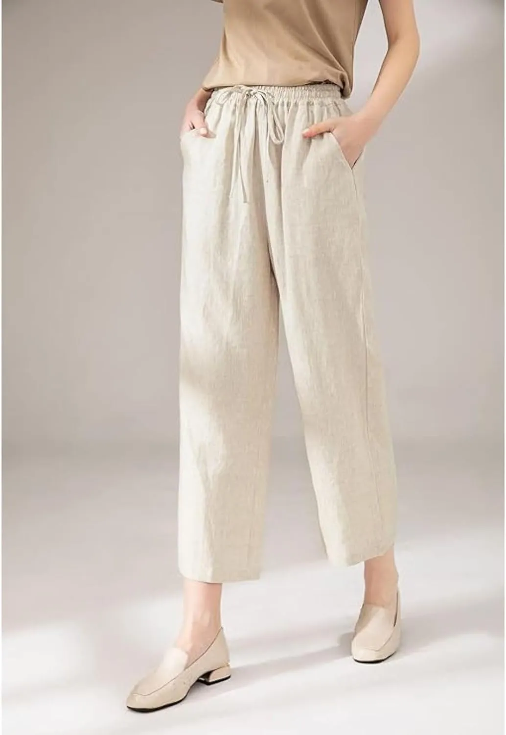 Capri Pants Women Casual Summer Fall Fashion Drawstring Elastic Waist Linen Pant Straight Wide Leg Cropped Trouser