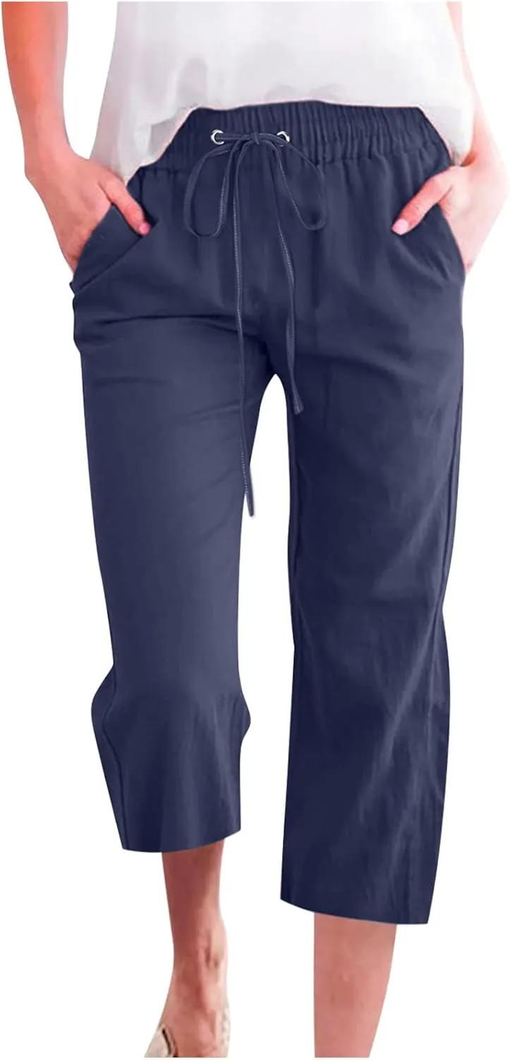 Capri Pants Women Casual Summer Fall Fashion Drawstring Elastic Waist Linen Pant Straight Wide Leg Cropped Trouser