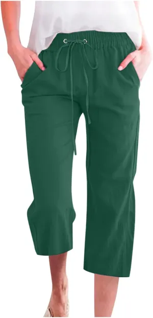 Capri Pants Women Casual Summer Fall Fashion Drawstring Elastic Waist Linen Pant Straight Wide Leg Cropped Trouser