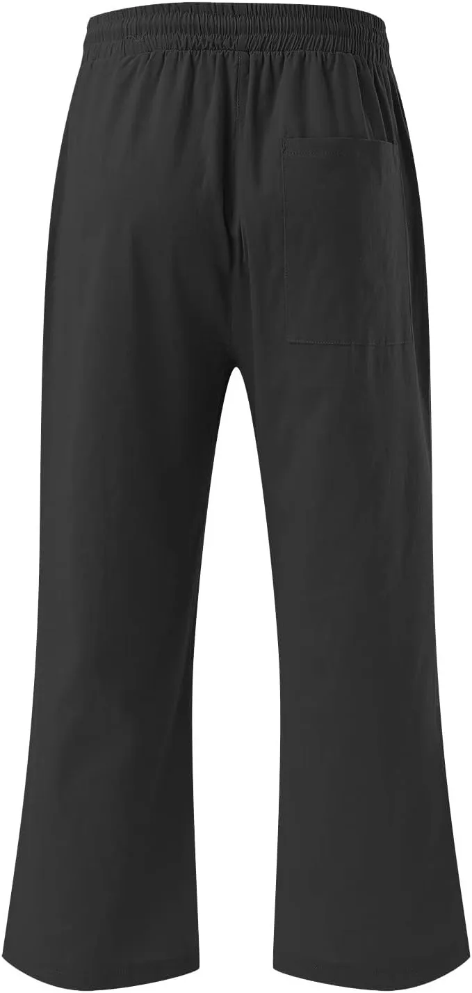 Capri Pants Women Casual Summer Fall Fashion Drawstring Elastic Waist Linen Pant Straight Wide Leg Cropped Trouser