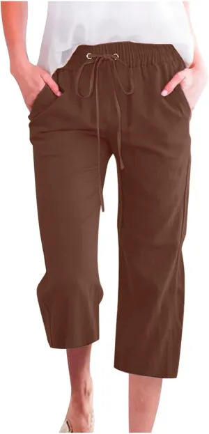 Capri Pants Women Casual Summer Fall Fashion Drawstring Elastic Waist Linen Pant Straight Wide Leg Cropped Trouser