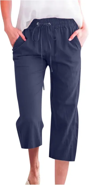 Capri Pants Women Casual Summer Fall Fashion Drawstring Elastic Waist Linen Pant Straight Wide Leg Cropped Trouser