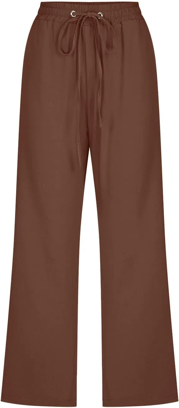Capri Pants Women Casual Summer Fall Fashion Drawstring Elastic Waist Linen Pant Straight Wide Leg Cropped Trouser