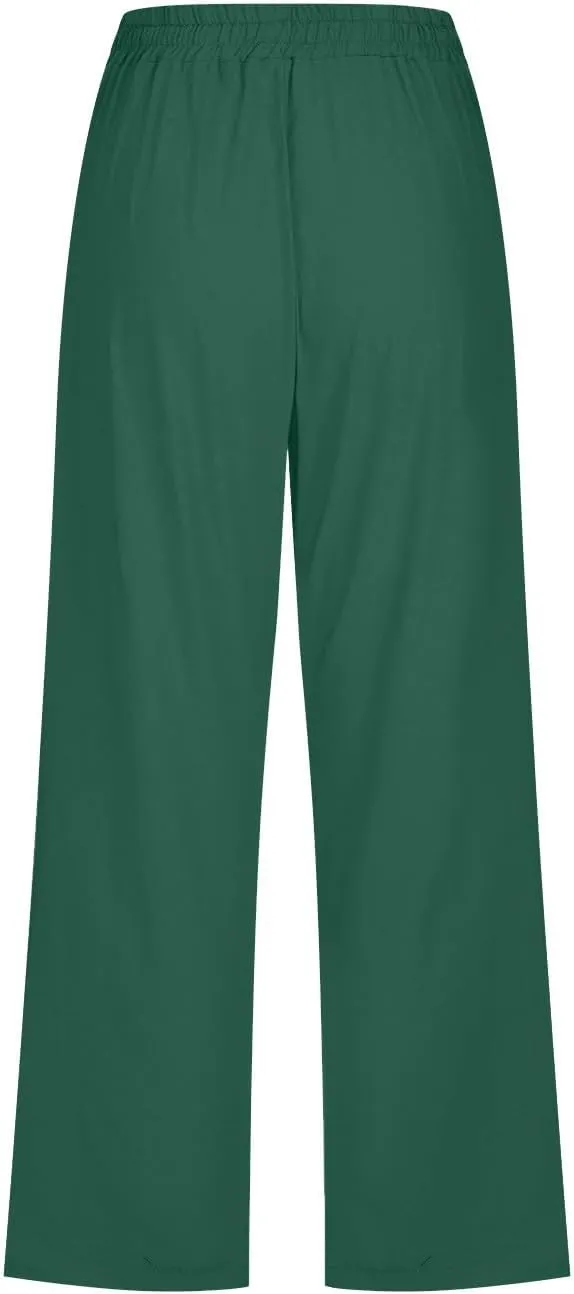 Capri Pants Women Casual Summer Fall Fashion Drawstring Elastic Waist Linen Pant Straight Wide Leg Cropped Trouser