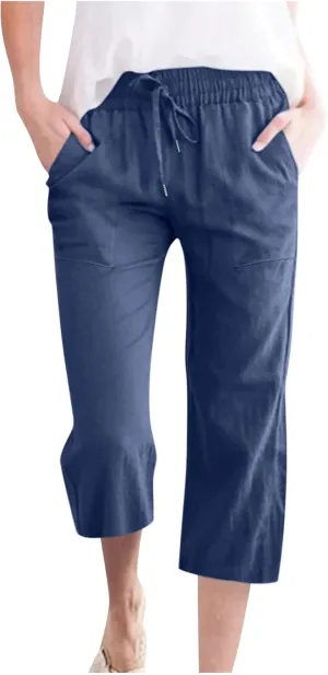 Capri Pants Women Casual Summer Fall Fashion Drawstring Elastic Waist Linen Pant Straight Wide Leg Cropped Trouser
