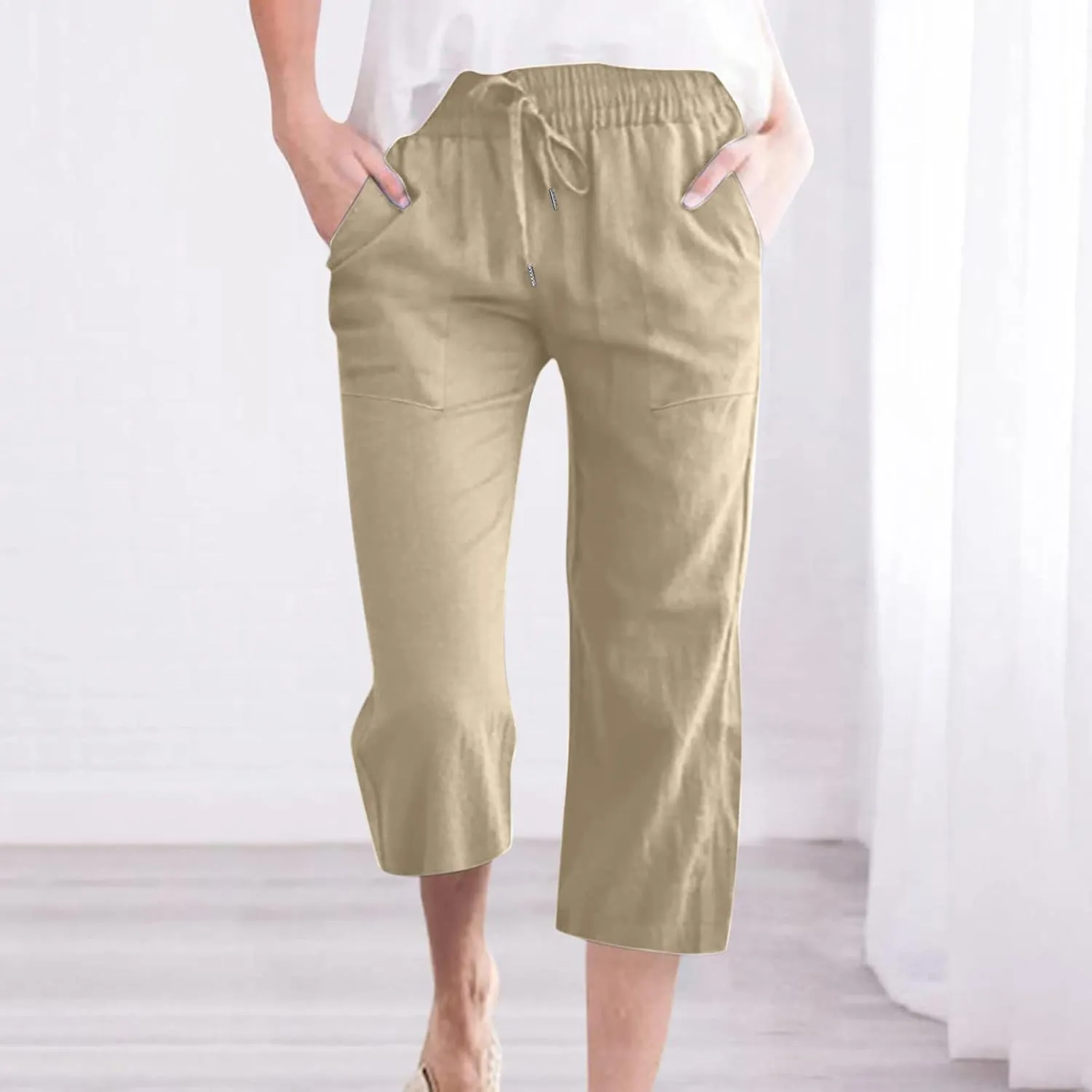 Capri Pants Women Casual Summer Fall Fashion Drawstring Elastic Waist Linen Pant Straight Wide Leg Cropped Trouser