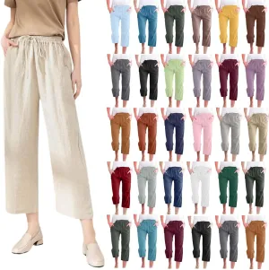 Capri Pants Women Casual Summer Fall Fashion Drawstring Elastic Waist Linen Pant Straight Wide Leg Cropped Trouser