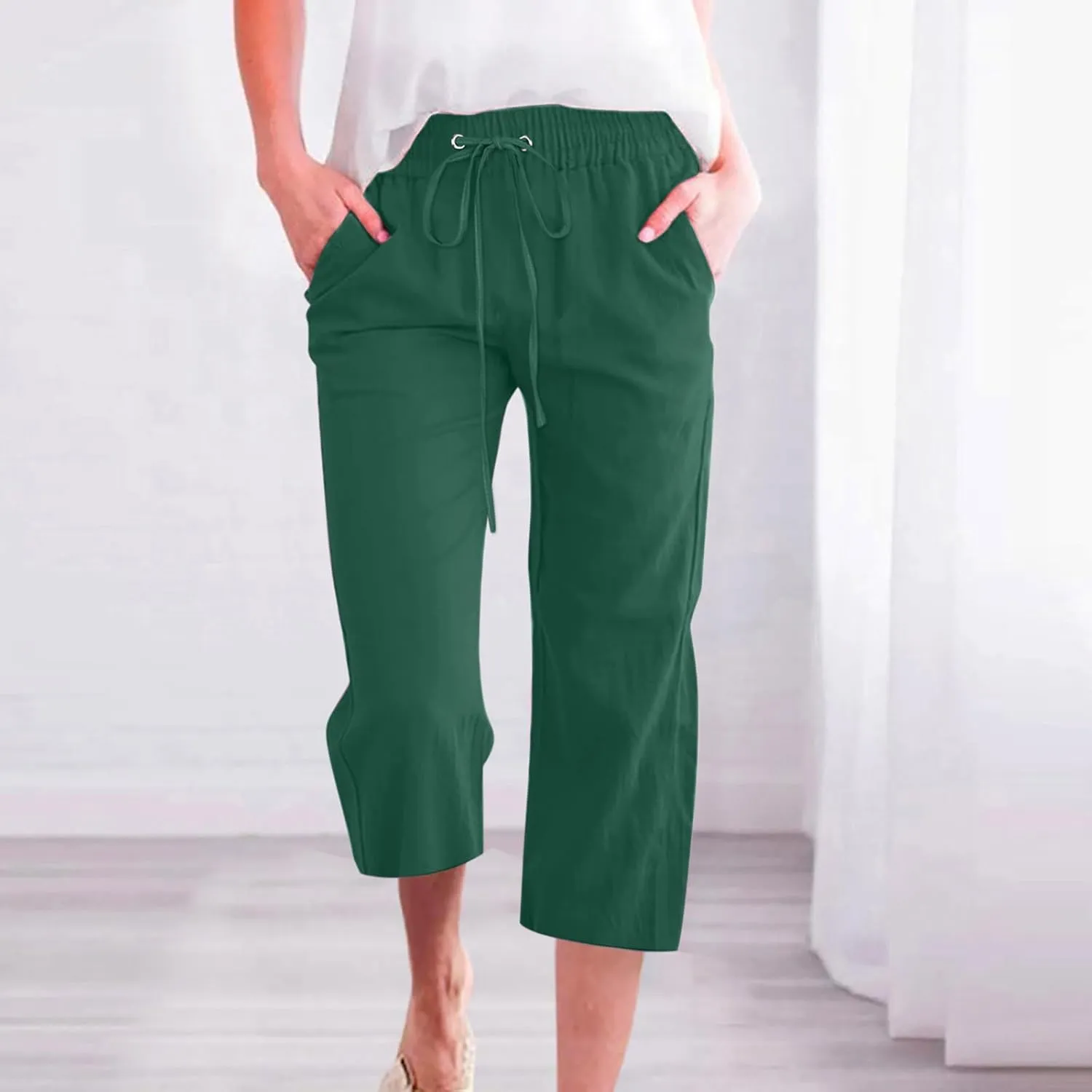 Capri Pants Women Casual Summer Fall Fashion Drawstring Elastic Waist Linen Pant Straight Wide Leg Cropped Trouser