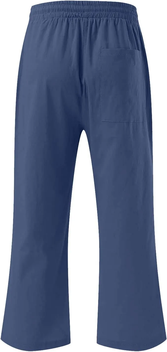 Capri Pants Women Casual Summer Fall Fashion Drawstring Elastic Waist Linen Pant Straight Wide Leg Cropped Trouser