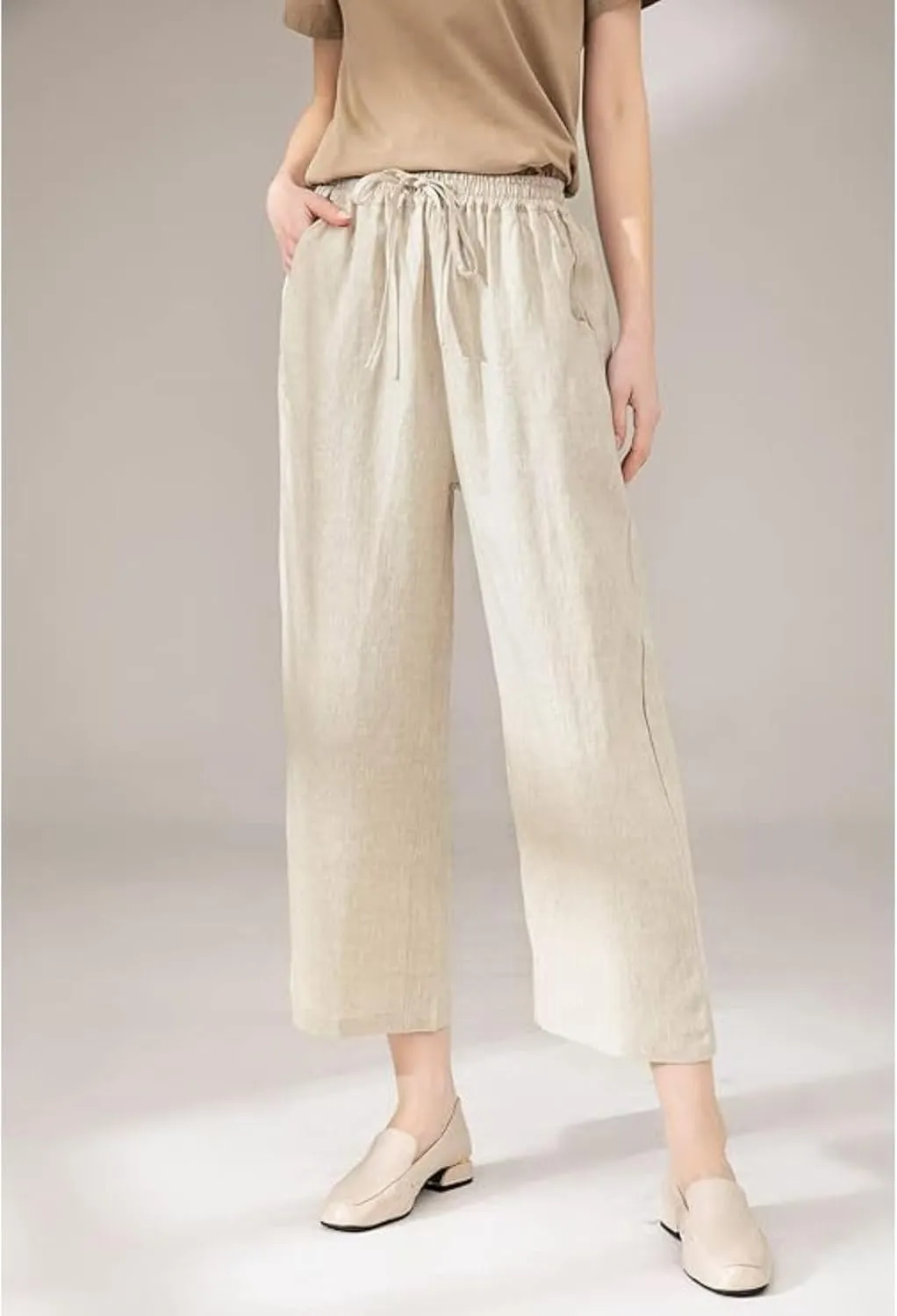 Capri Pants Women Casual Summer Fall Fashion Drawstring Elastic Waist Linen Pant Straight Wide Leg Cropped Trouser