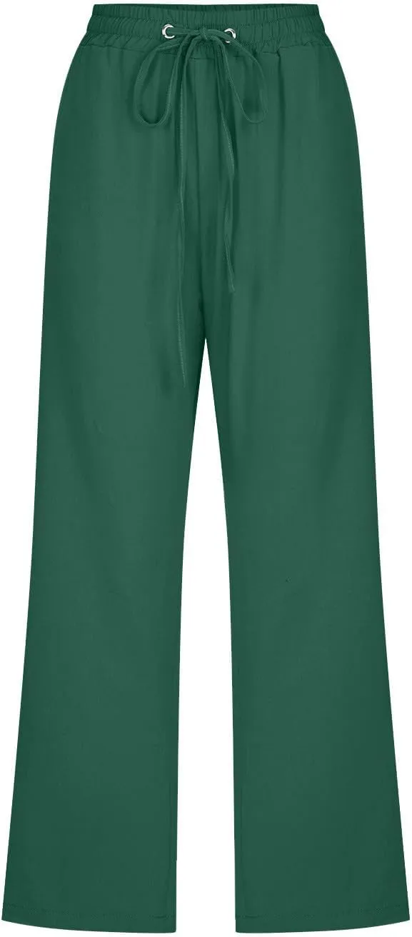 Capri Pants Women Casual Summer Fall Fashion Drawstring Elastic Waist Linen Pant Straight Wide Leg Cropped Trouser