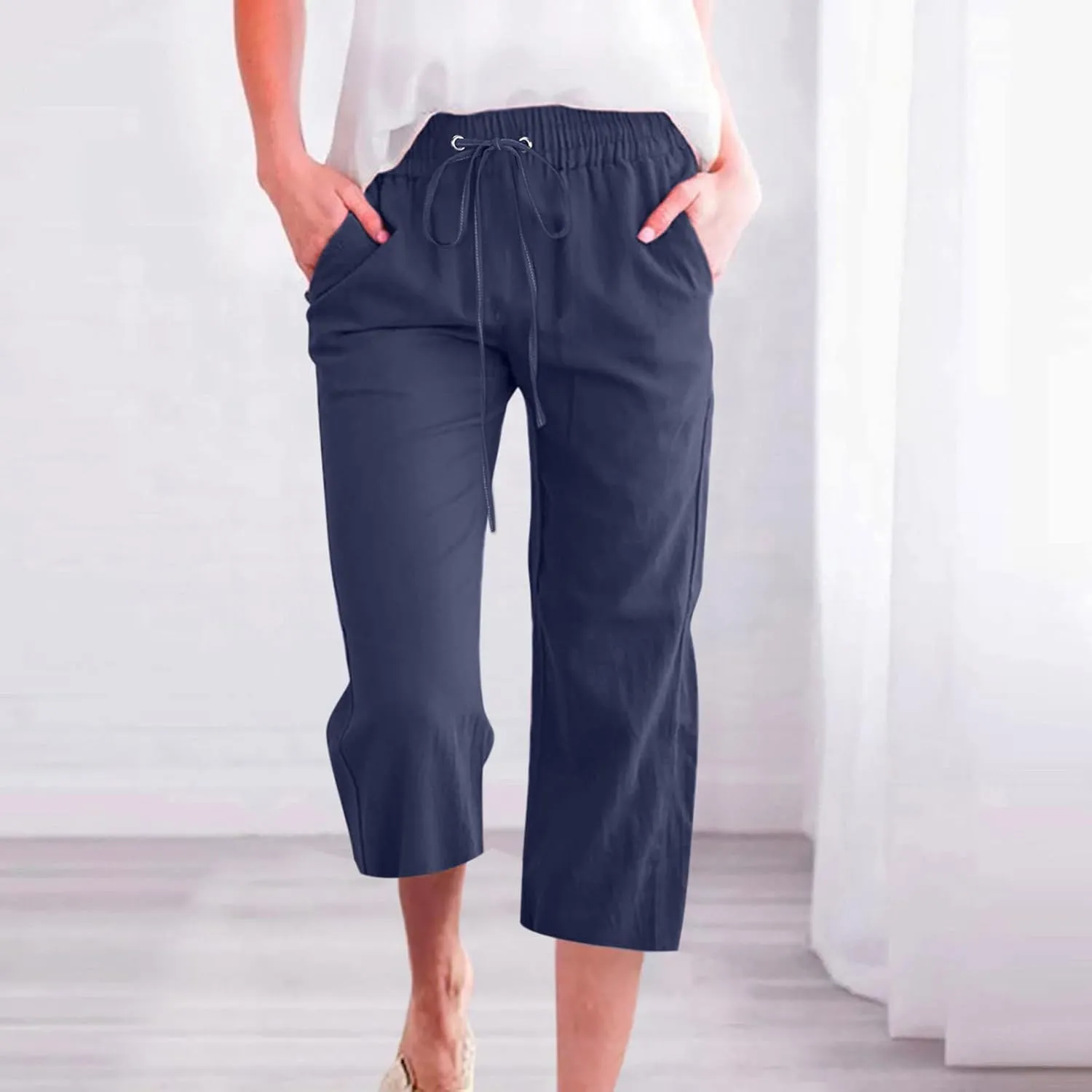Capri Pants Women Casual Summer Fall Fashion Drawstring Elastic Waist Linen Pant Straight Wide Leg Cropped Trouser