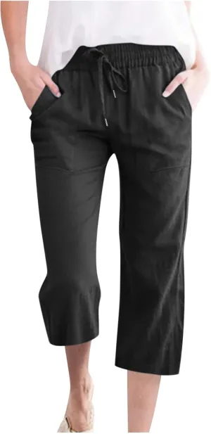 Capri Pants Women Casual Summer Fall Fashion Drawstring Elastic Waist Linen Pant Straight Wide Leg Cropped Trouser
