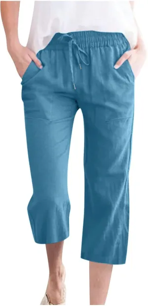 Capri Pants Women Casual Summer Fall Fashion Drawstring Elastic Waist Linen Pant Straight Wide Leg Cropped Trouser
