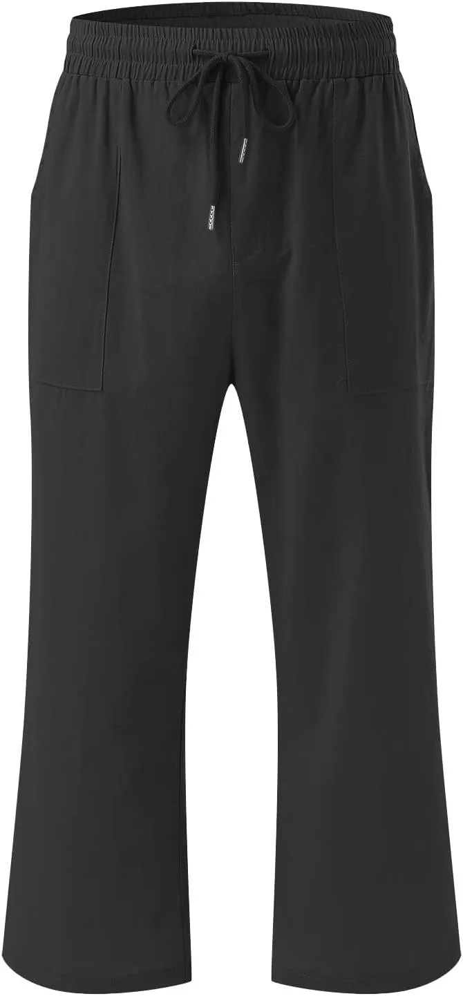 Capri Pants Women Casual Summer Fall Fashion Drawstring Elastic Waist Linen Pant Straight Wide Leg Cropped Trouser