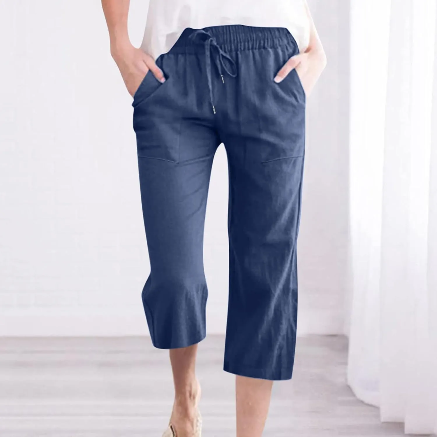 Capri Pants Women Casual Summer Fall Fashion Drawstring Elastic Waist Linen Pant Straight Wide Leg Cropped Trouser