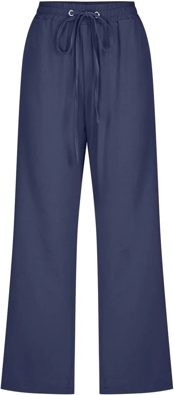 Capri Pants Women Casual Summer Fall Fashion Drawstring Elastic Waist Linen Pant Straight Wide Leg Cropped Trouser