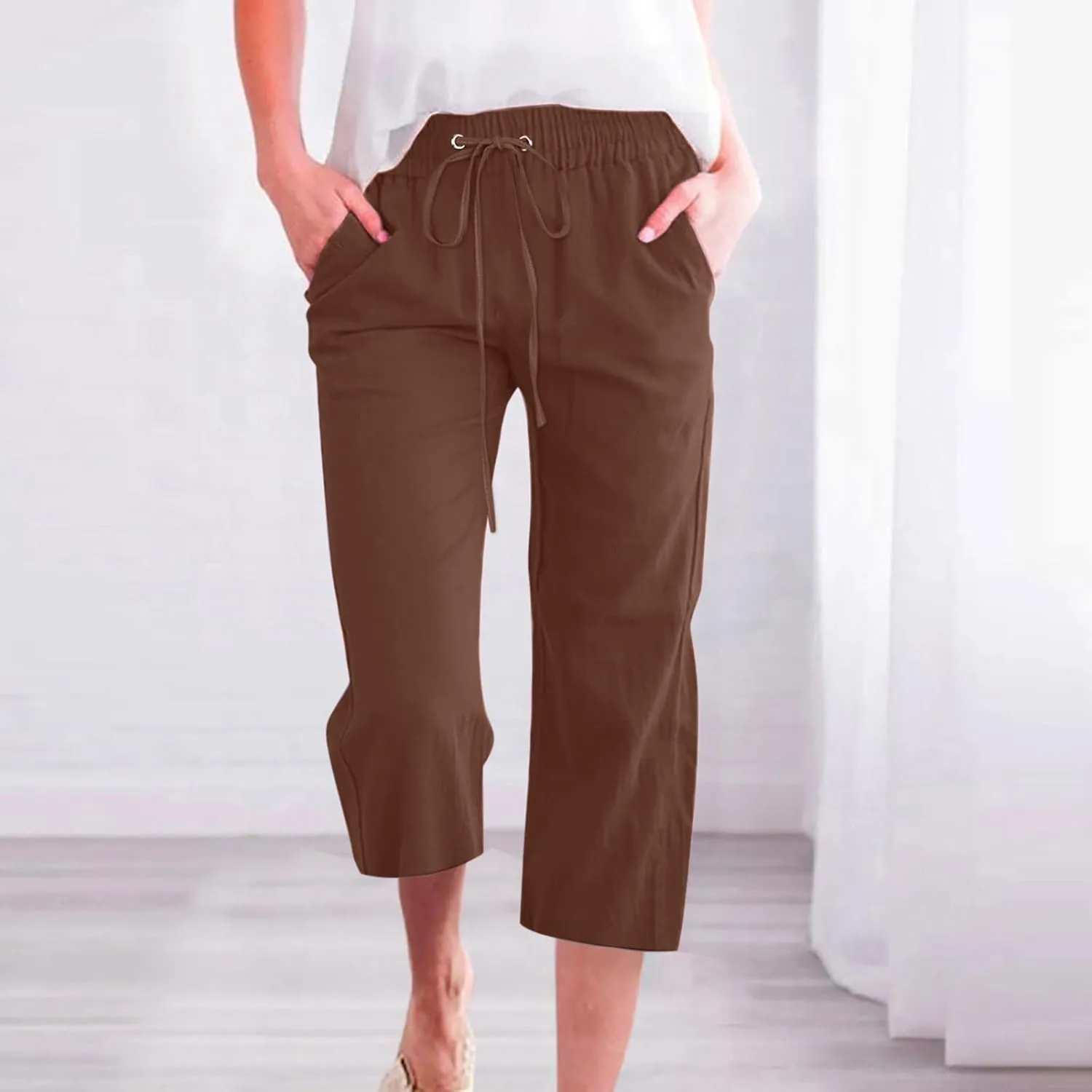 Capri Pants Women Casual Summer Fall Fashion Drawstring Elastic Waist Linen Pant Straight Wide Leg Cropped Trouser
