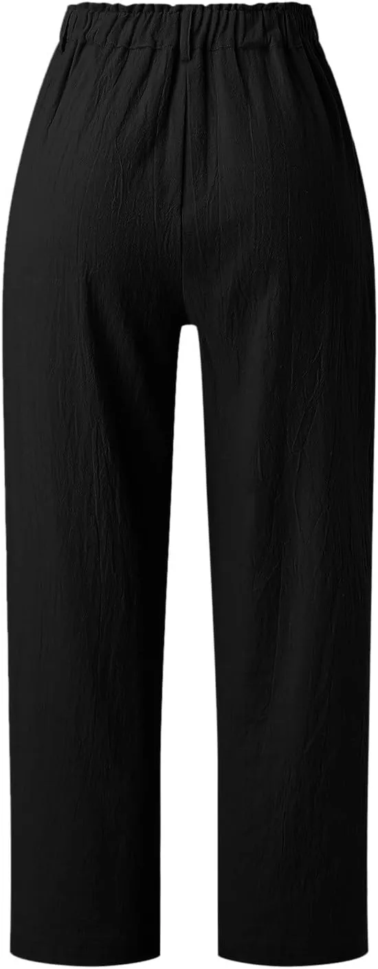 Capris Pants for Women Dressy Linen Pants Casual Summer Pant Button Straight High Waist Pant Pocket Cropped Trousers