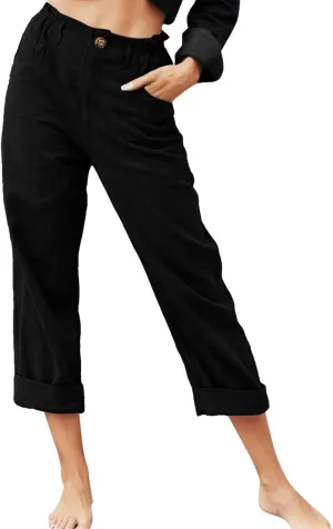 Capris Pants for Women Dressy Linen Pants Casual Summer Pant Button Straight High Waist Pant Pocket Cropped Trousers