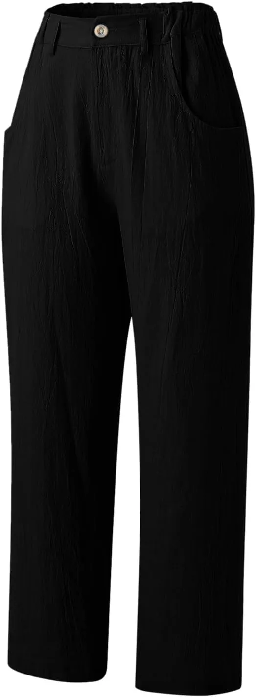 Capris Pants for Women Dressy Linen Pants Casual Summer Pant Button Straight High Waist Pant Pocket Cropped Trousers