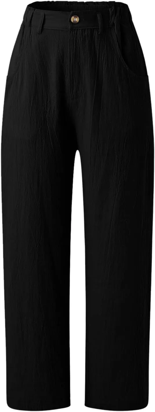 Capris Pants for Women Dressy Linen Pants Casual Summer Pant Button Straight High Waist Pant Pocket Cropped Trousers