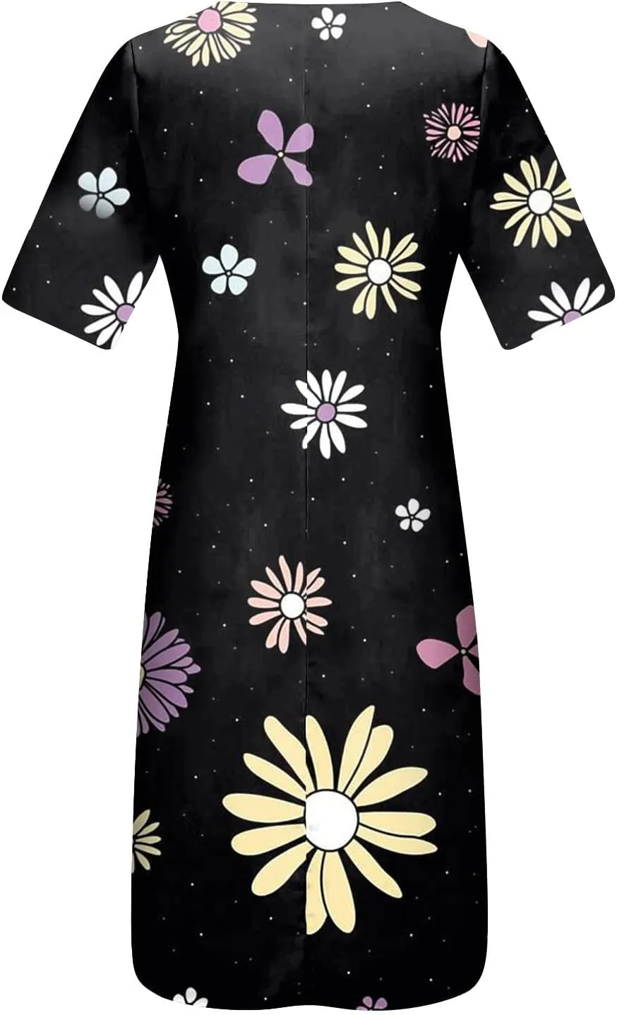 Casual Dresses for Women Loose Short Sleeve Floral Print T Shirt Dresses V Neck Pleated Beach Sundresses with Pockets