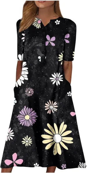 Casual Dresses for Women Loose Short Sleeve Floral Print T Shirt Dresses V Neck Pleated Beach Sundresses with Pockets