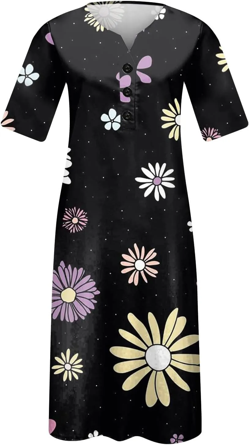 Casual Dresses for Women Loose Short Sleeve Floral Print T Shirt Dresses V Neck Pleated Beach Sundresses with Pockets