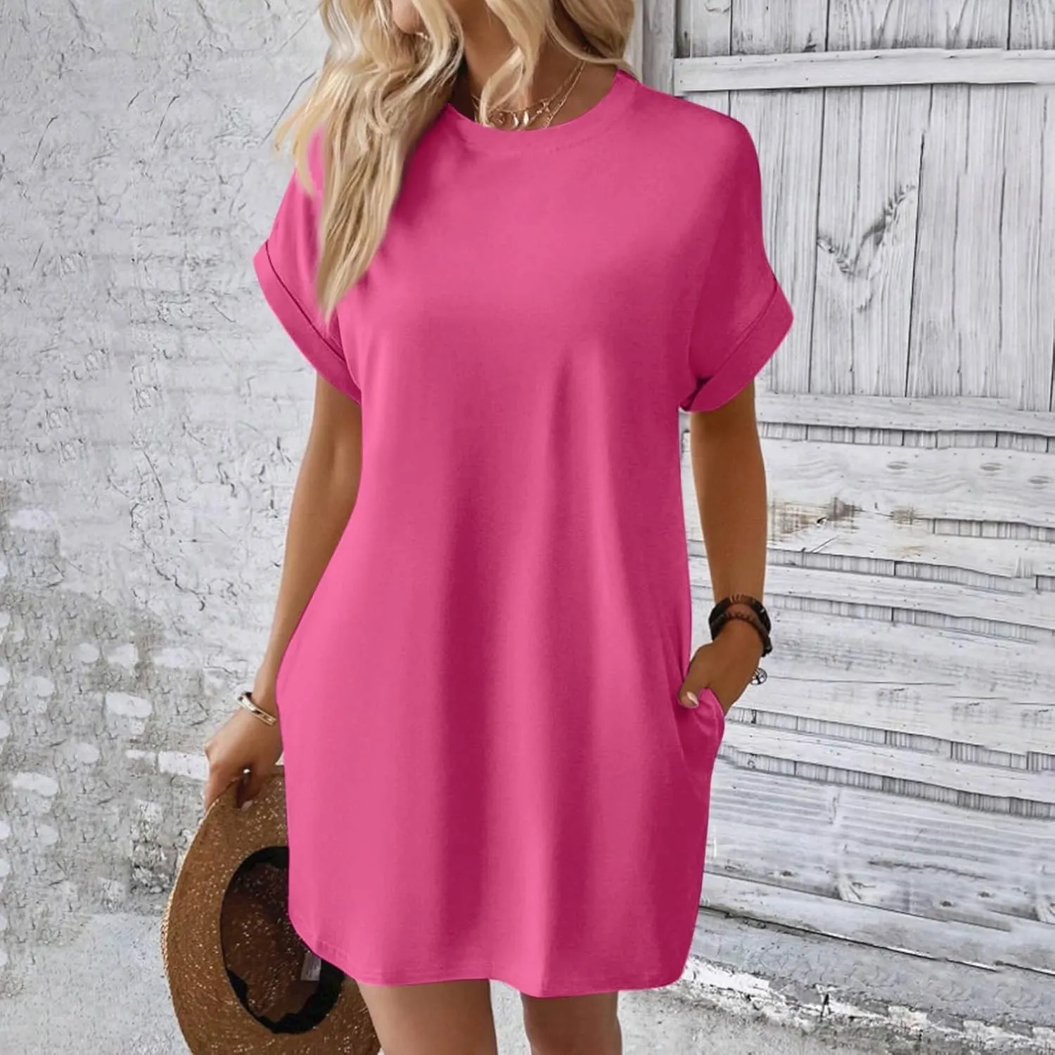 Casual Mini Dresses for Women Summer Crewneck Short Sleeve Dress Loose Fit Solid Color Beach Sundress with Pockets