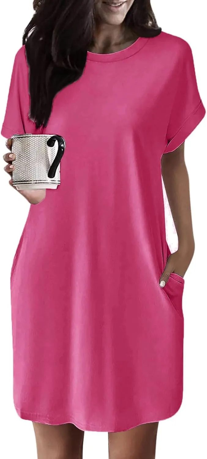Casual Mini Dresses for Women Summer Crewneck Short Sleeve Dress Loose Fit Solid Color Beach Sundress with Pockets