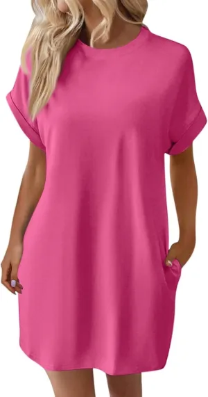 Casual Mini Dresses for Women Summer Crewneck Short Sleeve Dress Loose Fit Solid Color Beach Sundress with Pockets