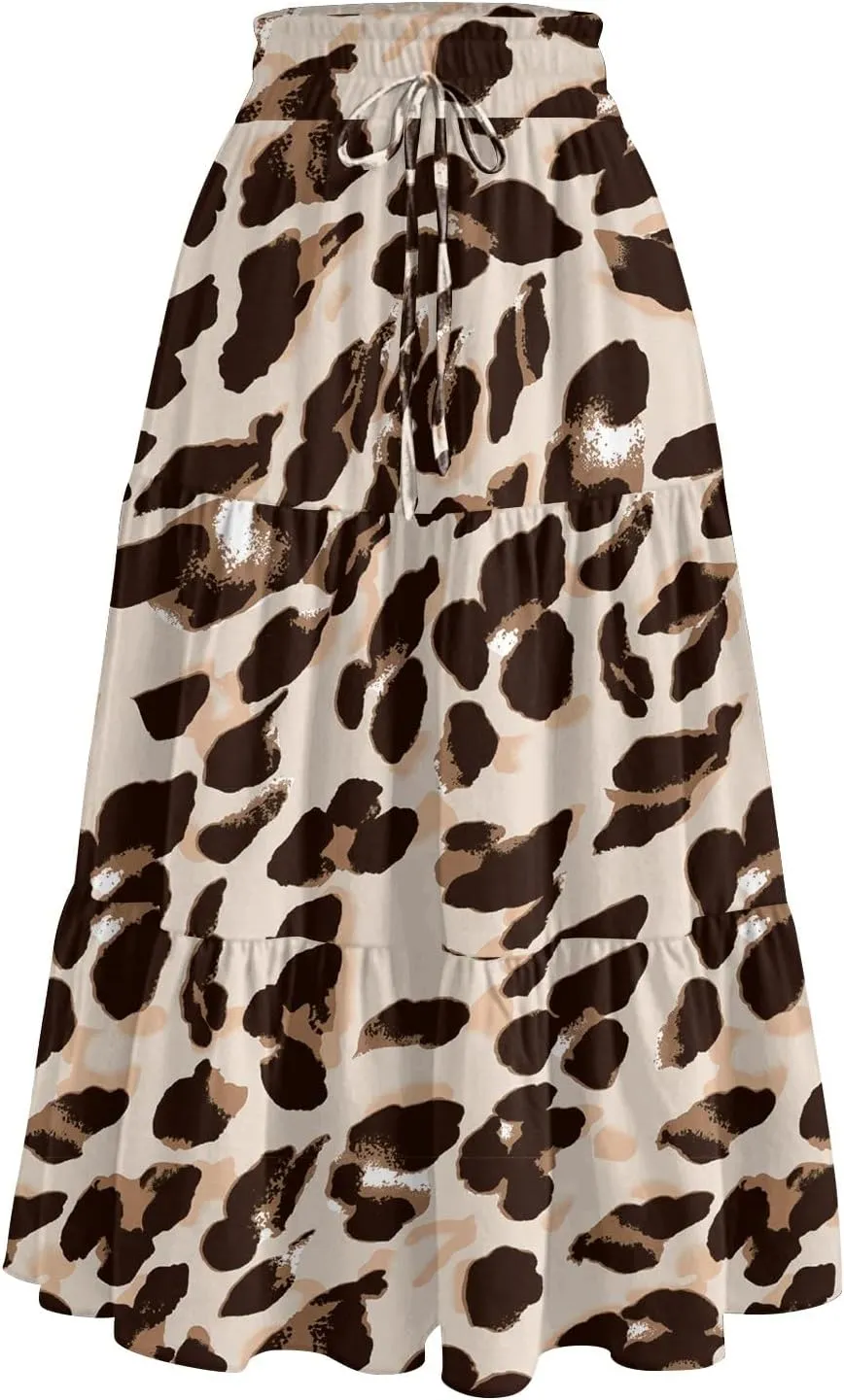 Casual Skirts for Women Summer High Waisted Wrap Midi Skirt Swing A-Line Floral Print Knee Length Skirt with Pockets